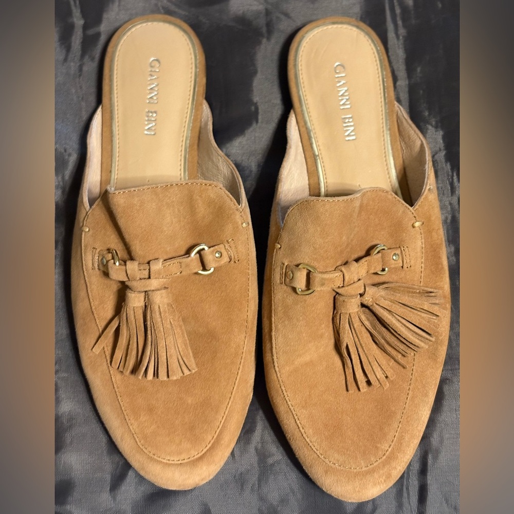 Gianni Bini Suede Tassel Loafer Mules Women’s Size 9M Tan - Picture 2 of 9